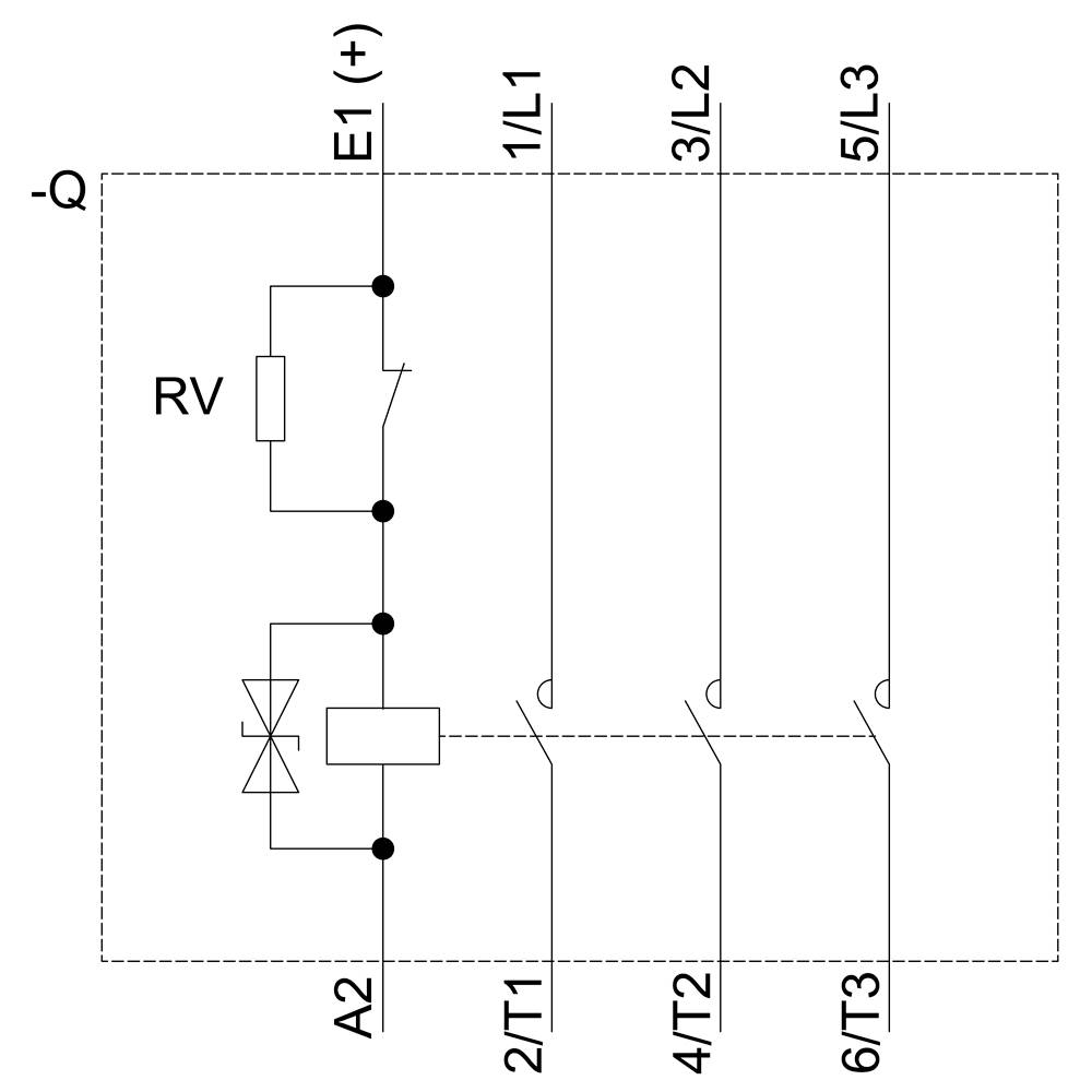 Schaltplan zeigt eine Relaisschaltung mit einem Widerstand (RV) und einer Diode. Anschlüsse: E1 (+), A2, 1/L1, 3/T1, 5/T3.