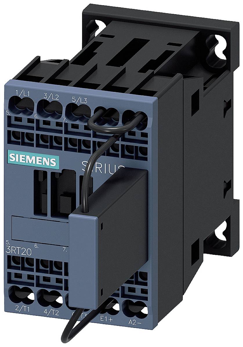 Siemens SIRIUS Schütz, Modell 3RT20, zur Steuerung elektrischer Motoren. Vorderansicht mit Anschlussklemmen und Markierung.