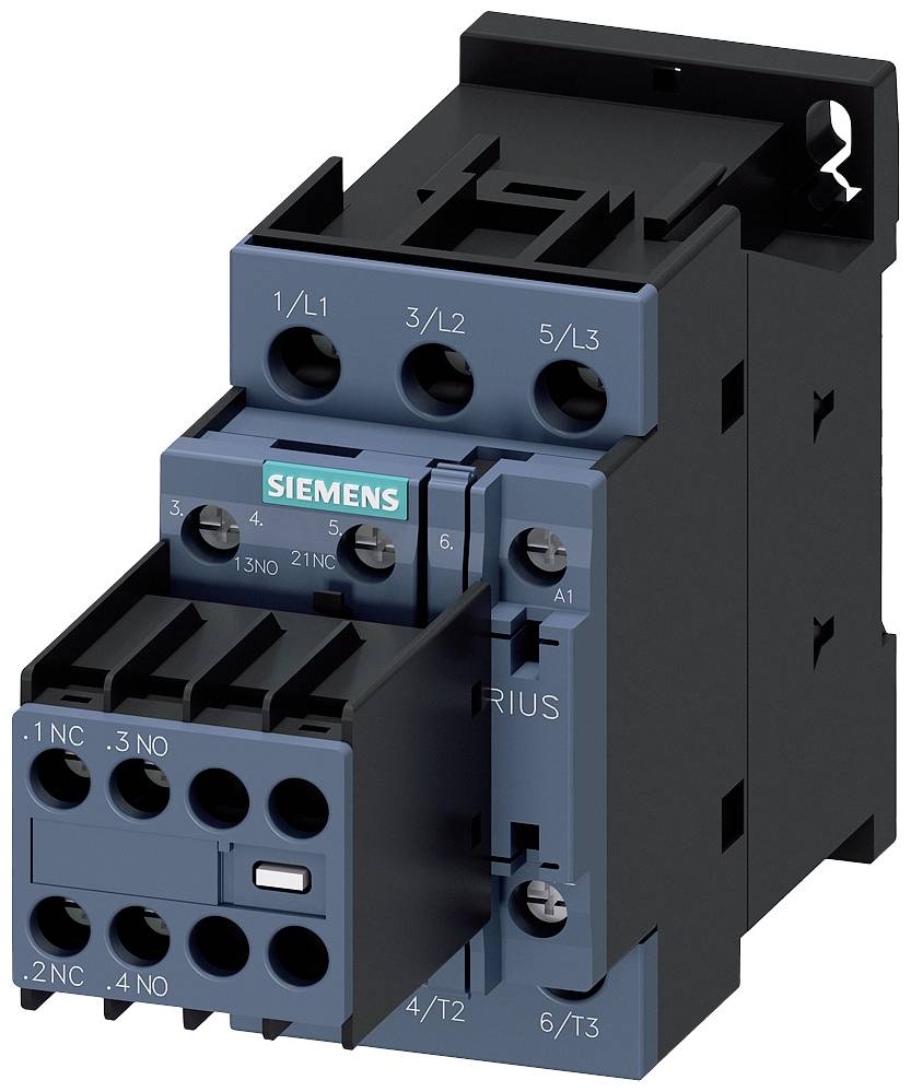 Ein schwarzer und blauer Siemens-Schütz zur Steuerung elektrischer Motoren, mit sechs Klemmen oben und unten für die Verdrahtung.