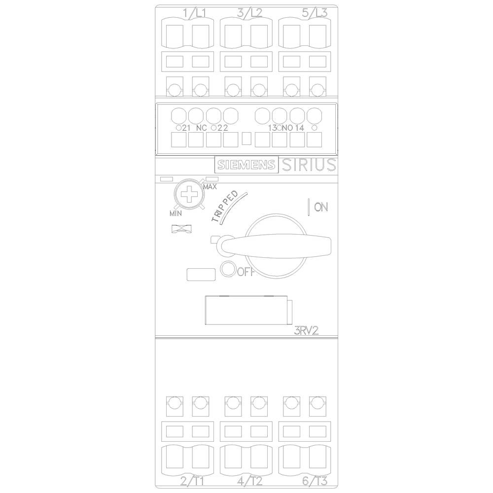 'Schaltkreisdiagramm eines Siemens Sirius Schalters. Zeigt Schaltstellungen 'TRIPPED', 'OFF' und 'ON' mit Anschlussklemmen oben und unten.'