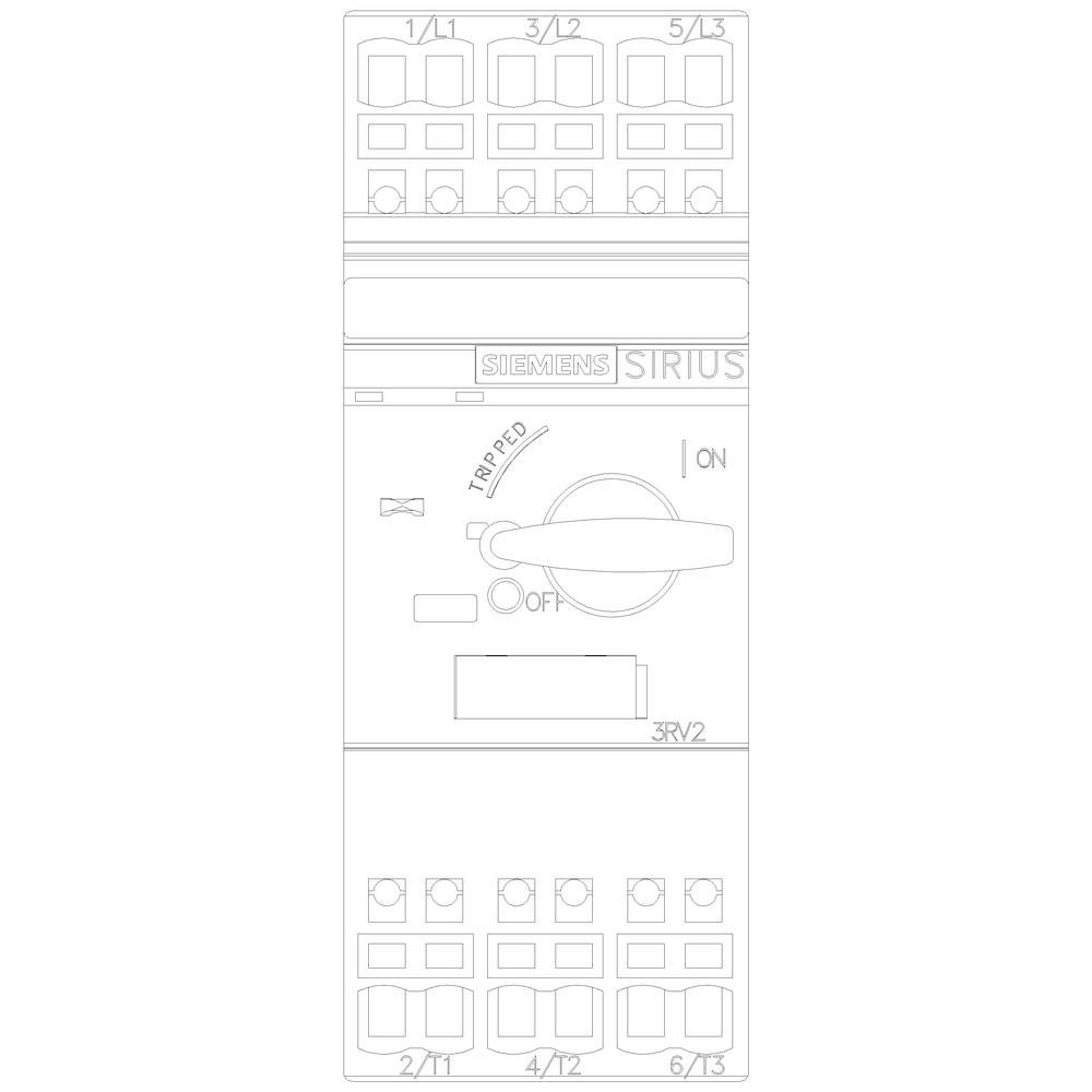 Eine schematische Darstellung eines Siemens SIRIUS Schalters mit Kennzeichnungen für Phasen und Steuerungseinstellungen (ON, OFF, TRIPPED).