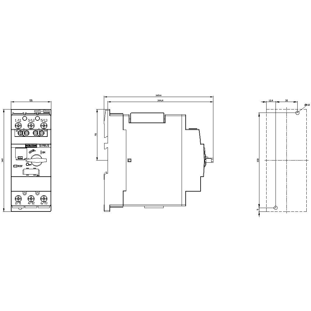 Technische Zeichnung eines elektronischen Geräts mit Maßen, Anschlussdiagramm und Ansichten von Vorder-, Seiten- und Rückseite.
