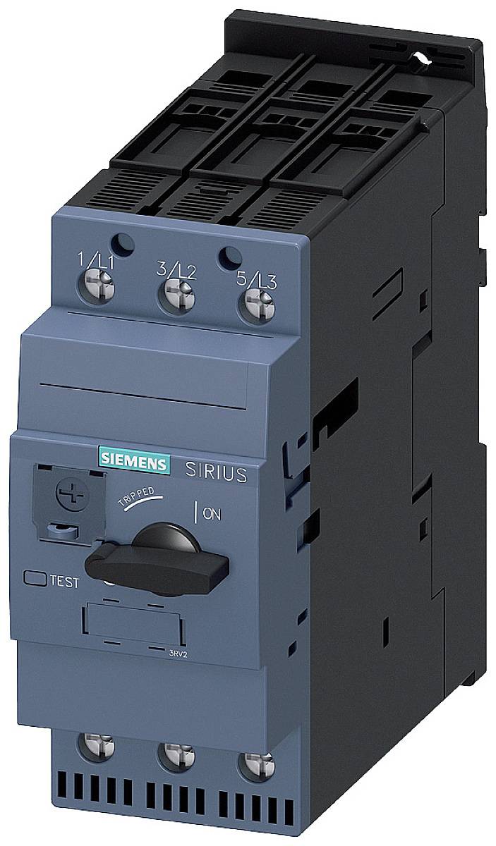 Schützgerät von Siemens, Modell Sirius. Elektronische Komponente zur Steuerung von Stromkreisen, abgebildet in dreidimensionaler Ansicht.