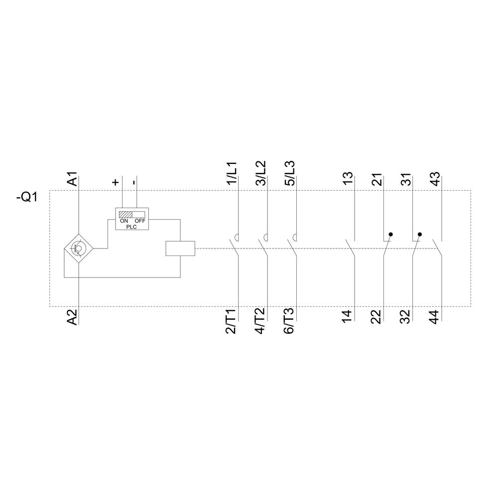 Diagramm eines Relais mit Schaltkreisen und Anschlüssen. Zeigt Schaltkreiskomponenten, PLC und nummerierte Anschlussklemmen.