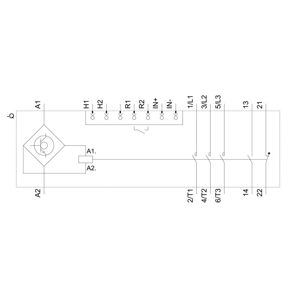 Schaltplan eines elektrischen Systems mit Relais, Transformator und Anschlusspunkten A1, A2, H1, H2, R1, R2 sowie 1/L1, 5/L3.