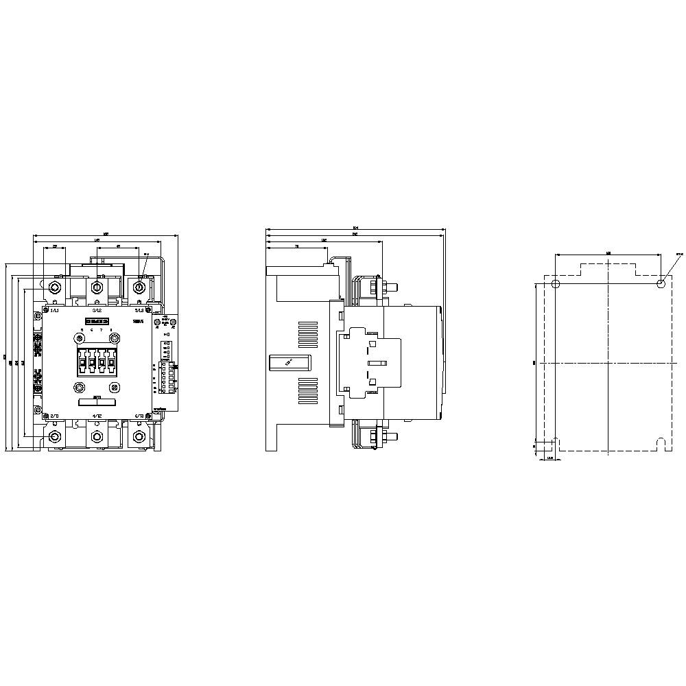 Technische Zeichnung eines Geräts, zeigt Vorder-, Seiten- und Draufsicht mit Anschlussdiagrammen, technischen Details und Maßen.