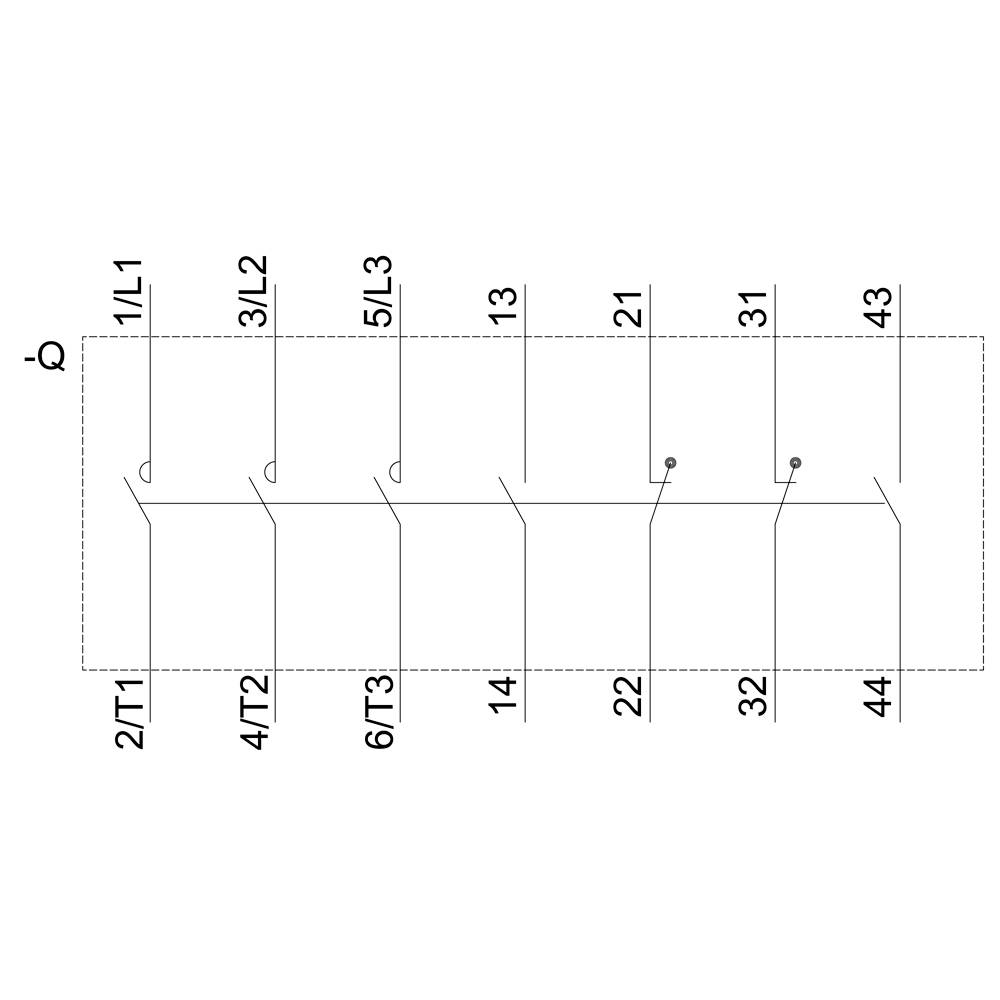 Ein Schaltplan mit Anschlüssen 1L1, 3L2, 5L3, 2/T1, 4/T2, 6/T3 zeigt die Verbindung zwischen den Punkten 14, 22, 32 und 44.