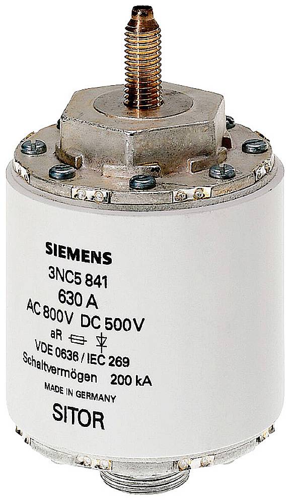 Elektrosicherung von Siemens, Typ 3NC5 841, mit einer Nennstromstärke von 630 A und Spannungsbereich AC 800V DC 500V.