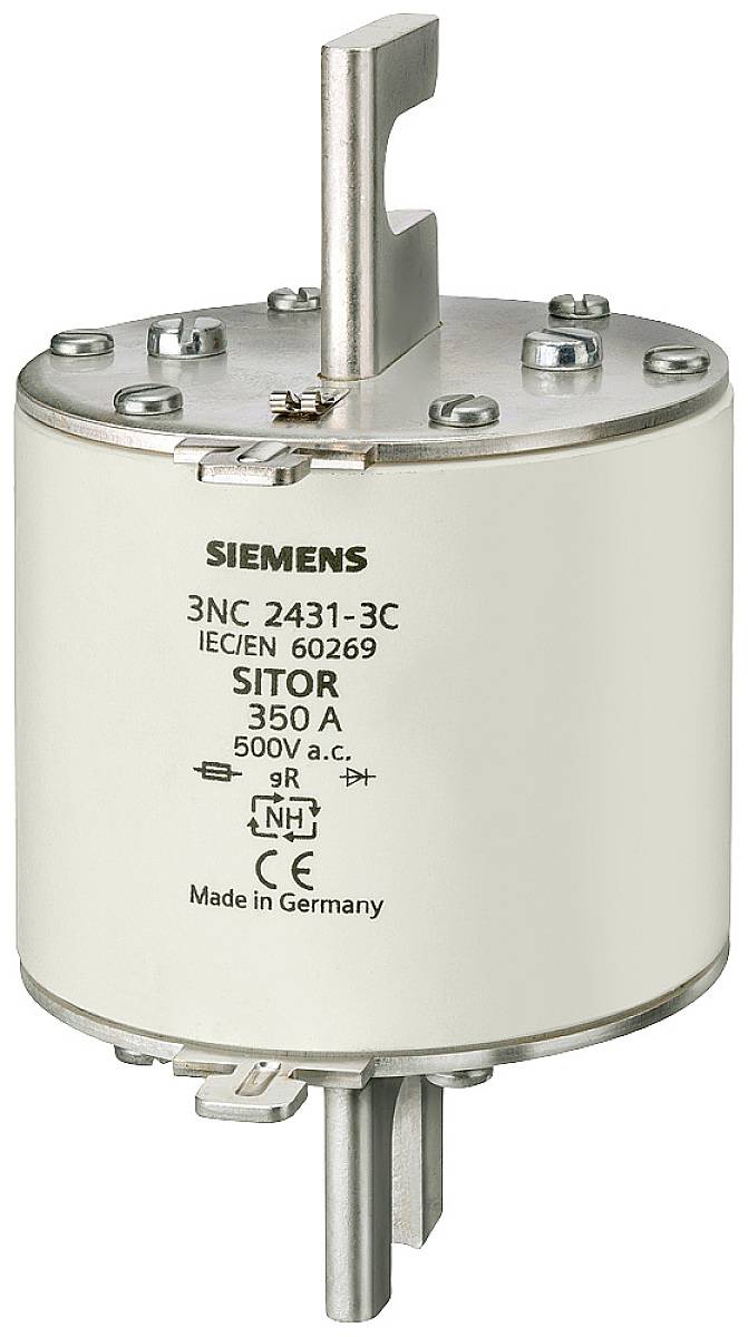 Industriesicherung von Siemens, Typ 3NC 2431-3C, 350 A, 500 V AC. Zylinderform, metallische Anschlüsse oben und unten.