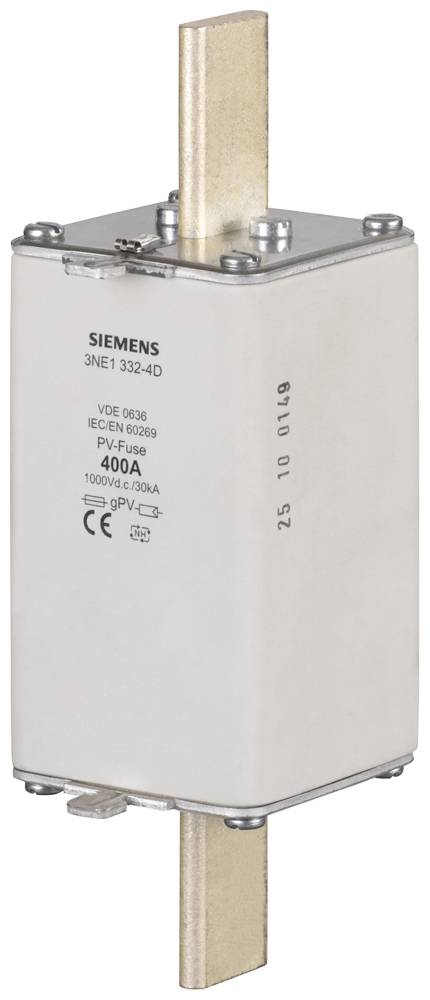 Siemens Sicherungseinsatz, 400A, Modell 3NE1 332-4D, für Photovoltaikanlagen. Rechteckiges Gehäuse mit Metallkontakten.