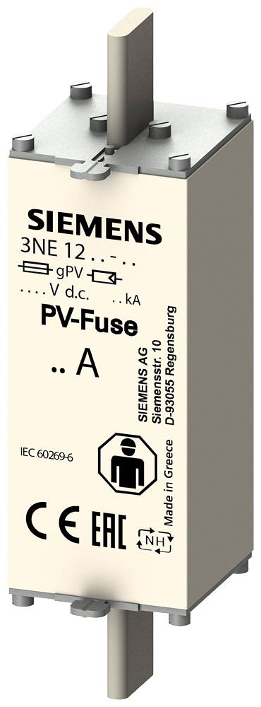 Eine Siemens PV-Sicherung mit der Aufschrift '3NE 12', 'gPV', 'V d.c.', '.. A'. Symbole für CE, EAC und andere Zertifizierungen sind sichtbar.