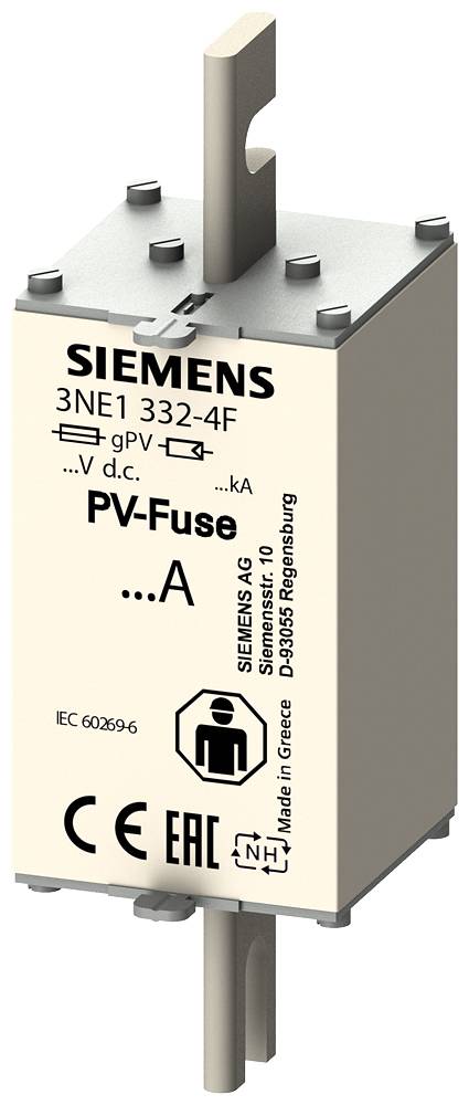 Produktbild einer Siemens Sicherheits-Sicherung mit der Aufschrift 'PV-Fuse'. Modellnummer 3NE1 332-4F deutlich sichtbar.
