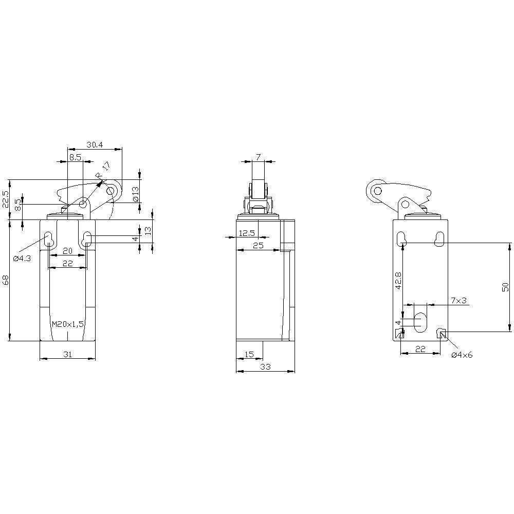 Technische Zeichnung eines rechteckigen Bauteils mit detaillierten Maßen und mechanischen Details. Seiten- und Vorderansicht sichtbar.