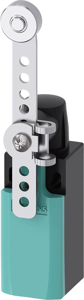 Elektrischer Schalter mit langem Hebelarm, zylindrischem Gehäuse in Türkis und Schwarz. Hebelarm mit mehreren Löchern.