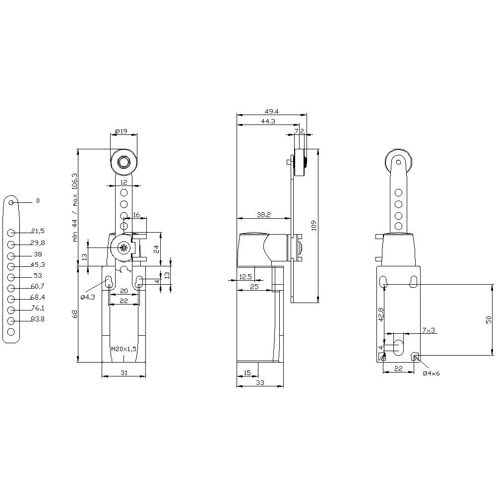Technische Zeichnung eines mechanischen Hebels mit verschiedenen Abmessungen, Seiten- und Frontansicht, Bemaßungen in Millimetern.