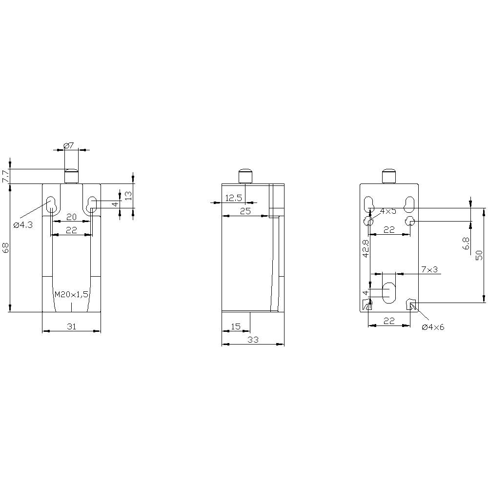 Technische Zeichnung eines rechteckigen Bauteils mit verschiedenen Ansichten. Maße und Bohrungen sind detailliert angegeben.
