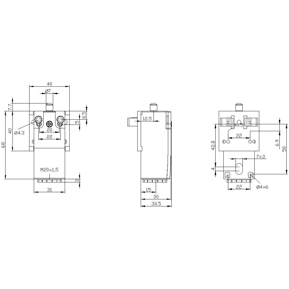 Technische Zeichnung eines elektrischen Schalters mit Abmessungen und Ansichten von vorne, hinten und der Seite.