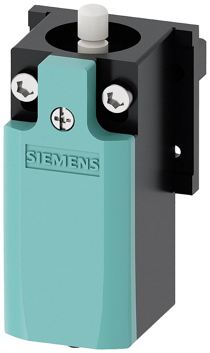 Ein rechteckiger, türkisfarbener Siemens-Sicherheitsschalter mit Schrauben und einer weißen Taste oben, montiert auf einem schwarzen Gehäuse.