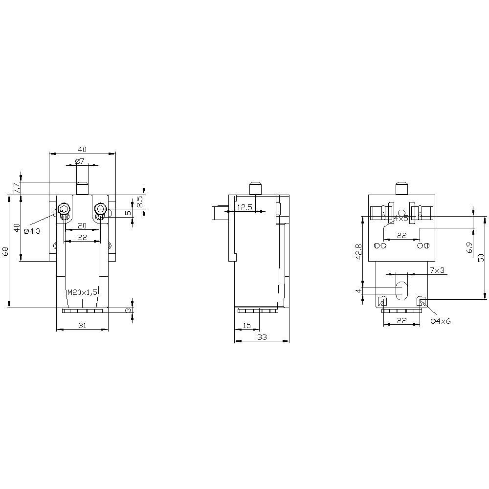 Technische Zeichnung eines mechanischen Bauteils mit drei Ansichten. Maße und Bohrungen sind detailliert dargestellt.
