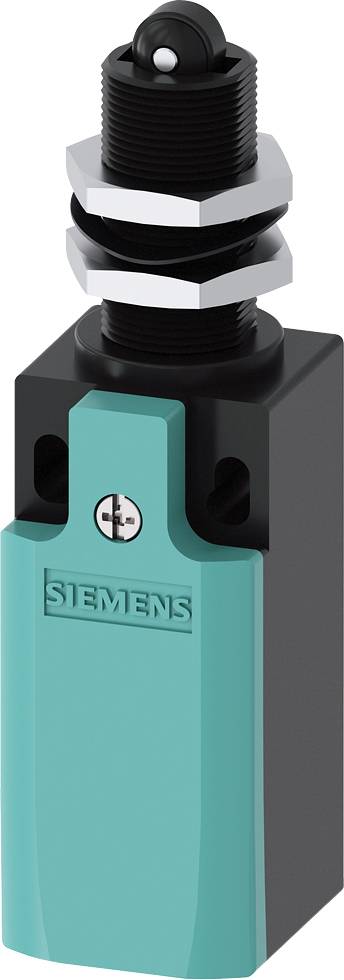 Ein elektrischer Schalter von Siemens in rechteckiger Form, hauptsächlich in Türkis und Schwarz, mit einem Federmodul an der Oberseite.