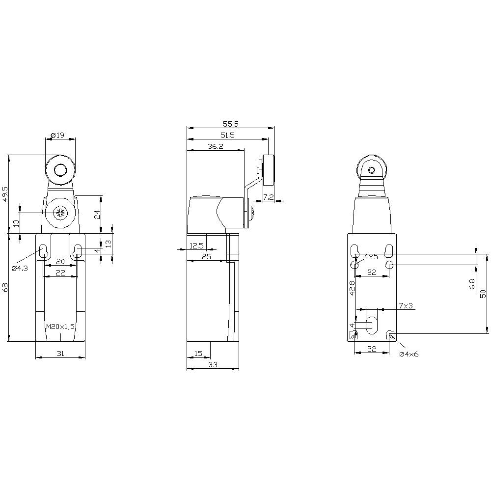 Technische Zeichnung eines Metallgriffs: Drei Ansichten zeigen Dimensionen und Abmessungen in Millimetern. Seiten-, Vorder- und Draufsicht.
