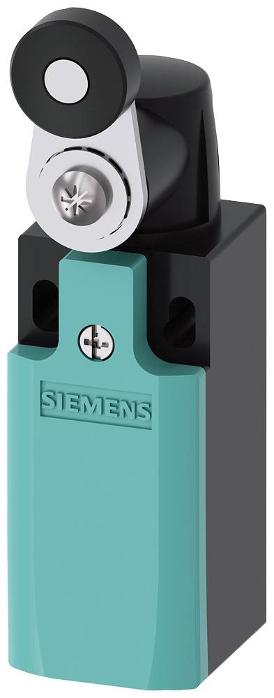 Ein in Blau und Schwarz gehaltener Sicherheitsschalter von Siemens mit Hebelmechanismus.