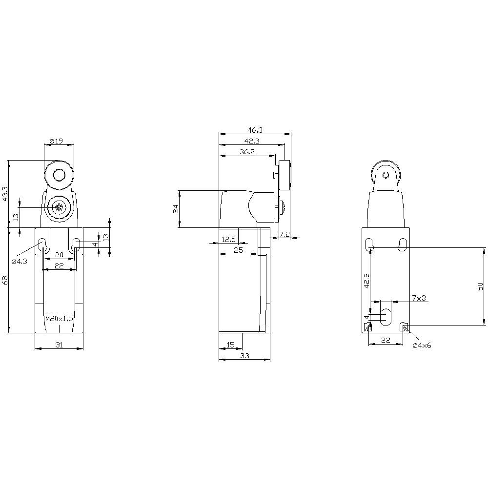 Technische Zeichnung zeigt die Vorder-, Seiten- und Draufsicht eines Metallteils mit mehreren Bohrungen, Gewinden und Abmessungen in Millimetern.