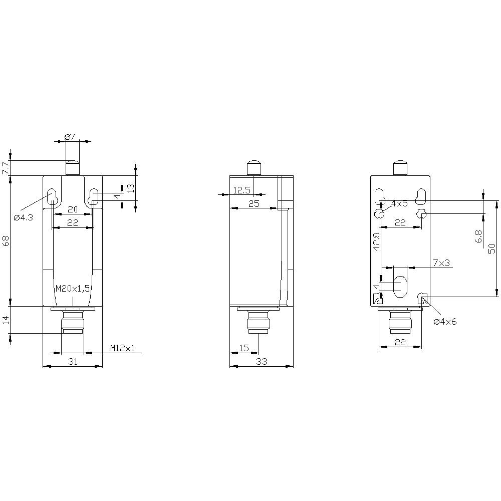 Technische Zeichnung eines Zylinders mit Vorder- und Seitenansicht. Maße sind in Millimetern angegeben, inklusive Durchmesser und Gewinde.