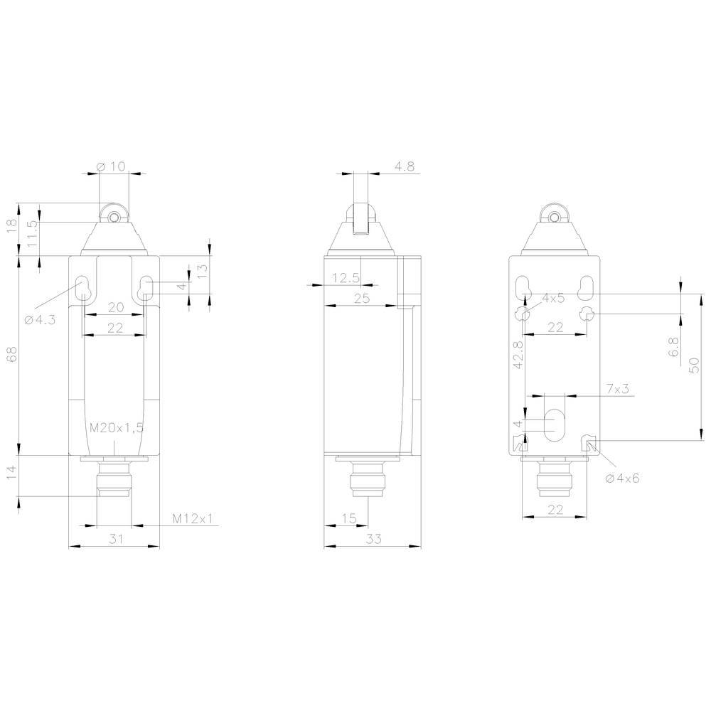 Technische Zeichnung eines zylindrischen Bauteils mit Bemaßungen und Beschriftungen, zeigt Vorder-, Seiten- und Draufsicht.
