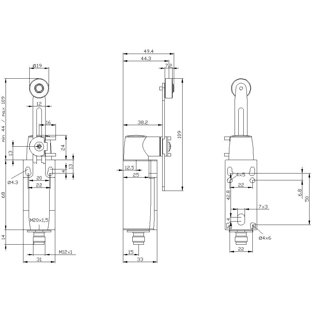 Technische Zeichnung eines Hydraulikzylinders mit detaillierten Maßen, einschließlich Länge, Breite und Bohrungspositionen.