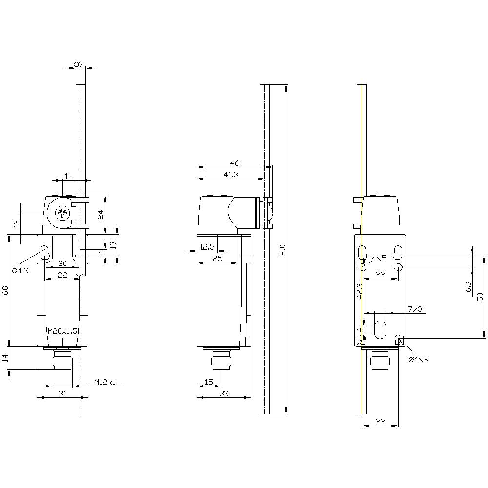Technische Zeichnung eines mechanischen Teiles mit verschiedenen Ansichten: Vorderansicht, Seitenansicht, und Draufsicht, inklusive Maße und Gewindeangaben.