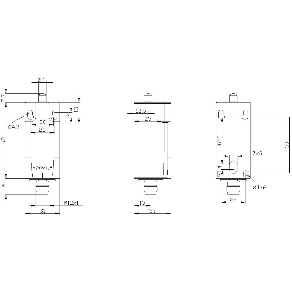 Technische Zeichnung eines zylindrischen Bauteils mit Maßen und Gewindeangaben. Vorder-, Seiten- und Draufsicht sind dargestellt.