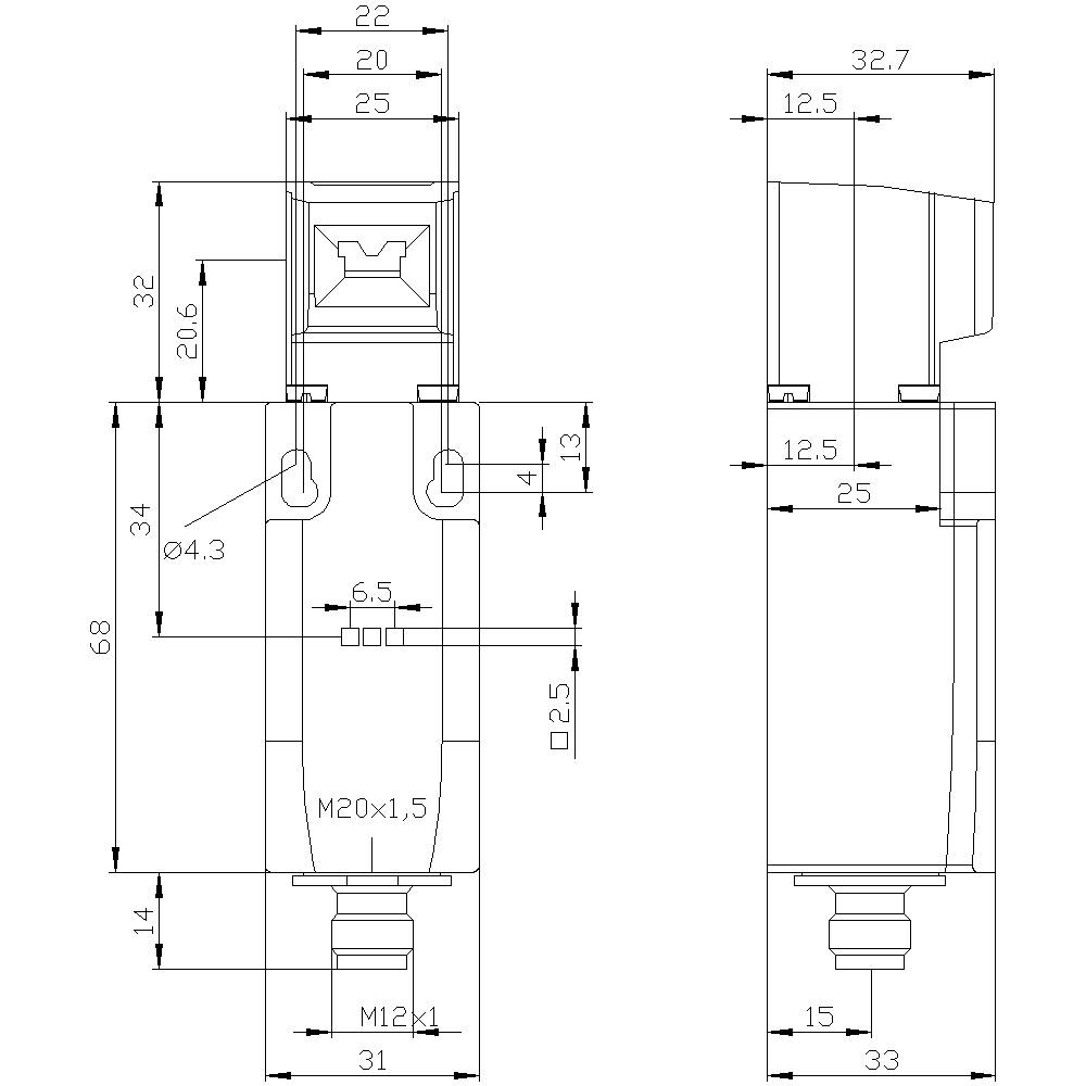 Technische Zeichnung eines mechanischen Teils mit Maßen in mm, Vorder- und Seitenansicht. Maße und Gewindegrößen sind detailliert angegeben.