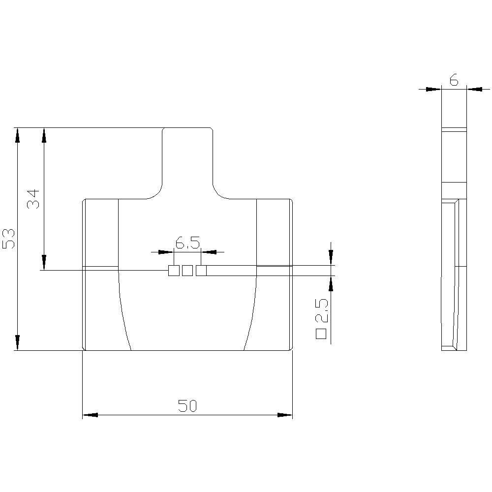 Technische Zeichnung eines Bauteils mit Maßen: Breite 50 mm, Höhe 53 mm, Detailansicht zeigt eine Breite von 6 mm und Höhe von 34 mm.