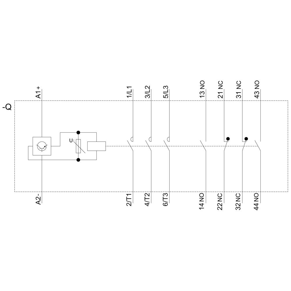 Schaltplan für elektrischen Motor mit Sicherung, Schütz, und fünf Kontaktblöcken: vier normalerweise offene (NO) und zwei normalerweise geschlossene (NC).