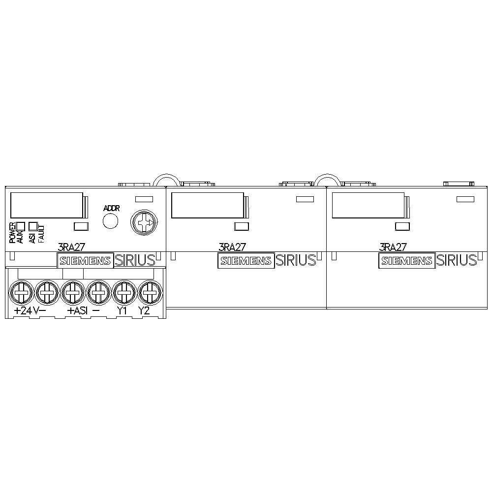 Eine schematische Darstellung eines elektrischen Schaltgeräts mit drei segmentierten Einheiten, Beschriftung 'SIRIUS', zeigt Anschlüsse +24V, +ASI, Y1, Y2.