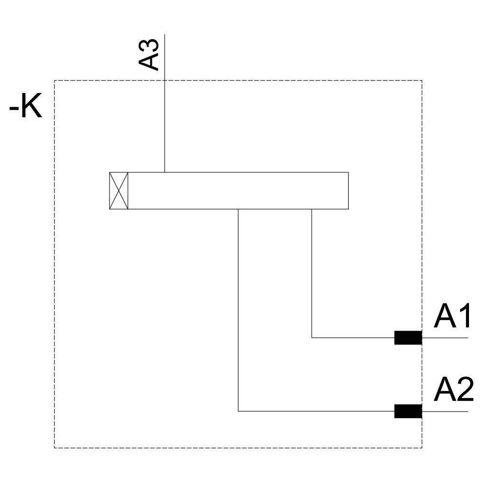 Schaltplan eines elektrischen Schalters mit Anschlüssen A1, A2, und A3. '-K' kennzeichnet die Schalterfunktion.