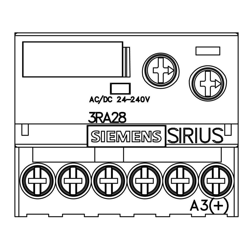 Ein elektrisches Gerät mit der Aufschrift 'SIEMENS SIRIUS' und '3RA28', geeignet für AC/DC 24–240V. Oberhalb sind fünf Schraubanschlüsse zu sehen.
