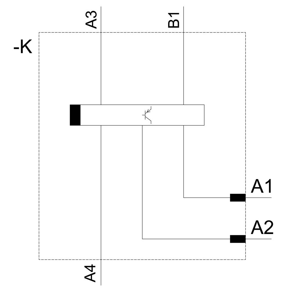 Ein elektrisches Schaltbild mit drei Anschlüssen: A1, A2 und -K. Zwei Leitungen von A1 und A2 führen zu einem zentralen Punkt.