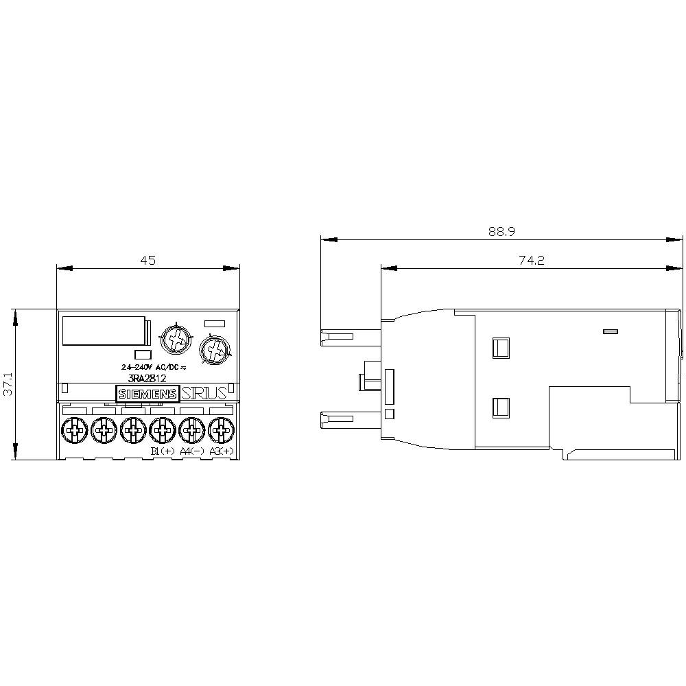 Technische Zeichnung eines Bausatzes. Längsansicht zeigt Anschlüsse unten, Gehäuse mit digitaler Anzeige oben. Abmessungen: 88,9 mm Länge, 45 mm Breite, 37 mm Höhe.