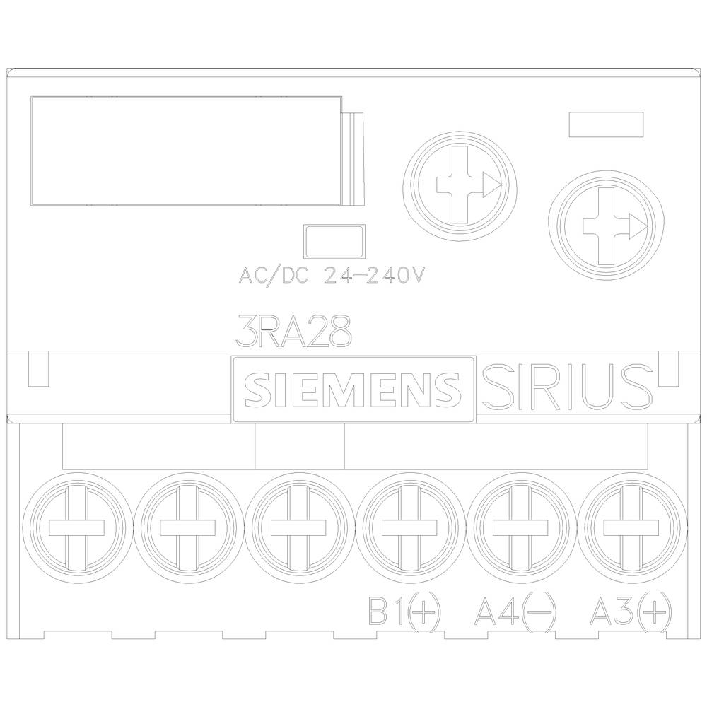 Ein Siemens Sirius-Schütz mit Steckplätzen und elektrischen Anschlüssen, beschriftet mit '3RA28' und 'AC/DC 24-240V'.