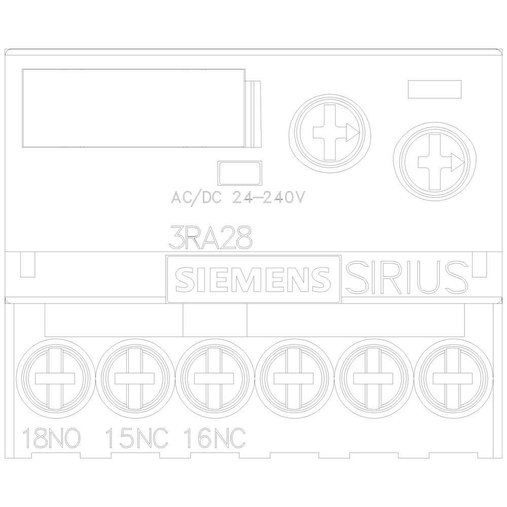 'Siemens SIRIUS 3RA28' Gerät für AC/DC 24-240V. Sechs Anschlussklemmen mit Markierungen '18NO', '15NC', '16NC'.