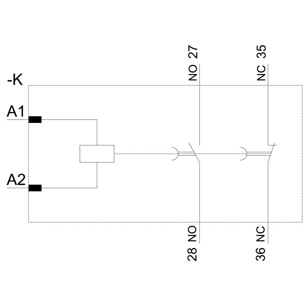 Diagramm eines elektrischen Schaltrelais mit Antriebsanschlüssen A1 und A2; Kontaktbelegungen: NO 27/28, NC 35/36.