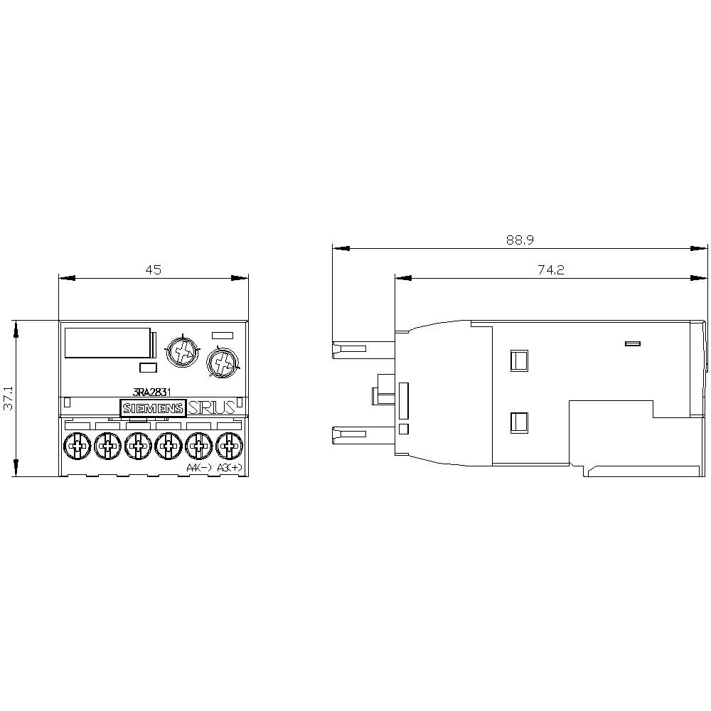 Technische Zeichnung eines elektrischen Bauteils mit Abmessungen: Breite 45 mm, Höhe 37,1 mm, Länge 88,9 mm. Zeigt Anschlüsse.