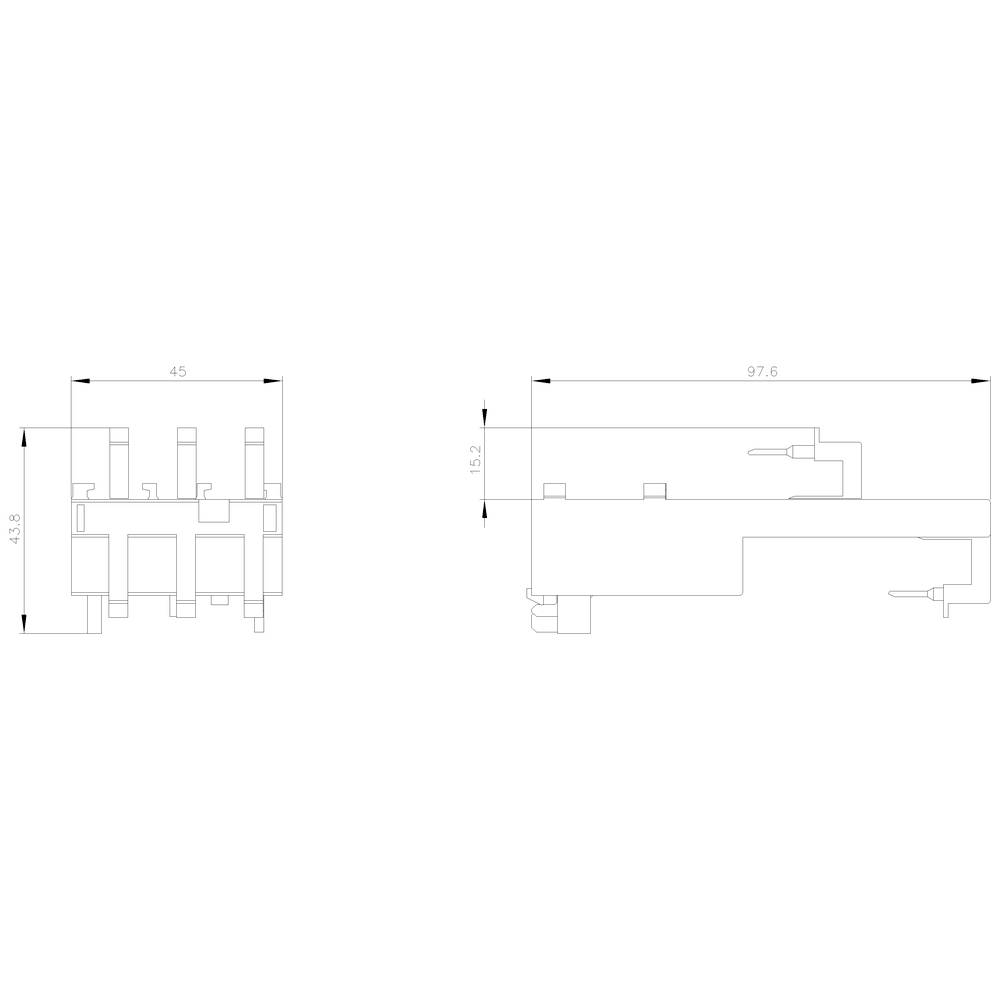 Technische Zeichnung eines Bauteils mit Abmessungen: Breite 45 mm, Höhe 12,6 mm, Länge 97,6 mm. Verbindungsstellen sind markiert.