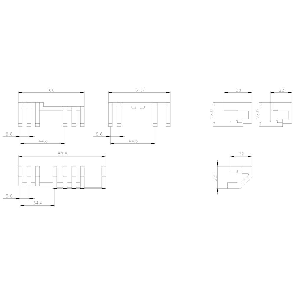 Technische Zeichnung eines elektronischen Steckverbinders mit Maßen. Zeigt drei Ansichten mit Längenangaben, Breite und Höhe.