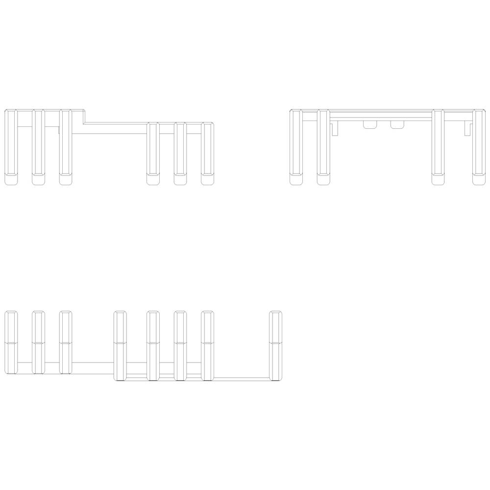 Technische Zeichnungen von drei Ansichten eines modularen Regalsystems mit sechs vertikalen Stützen und horizontalen Verbindungen.