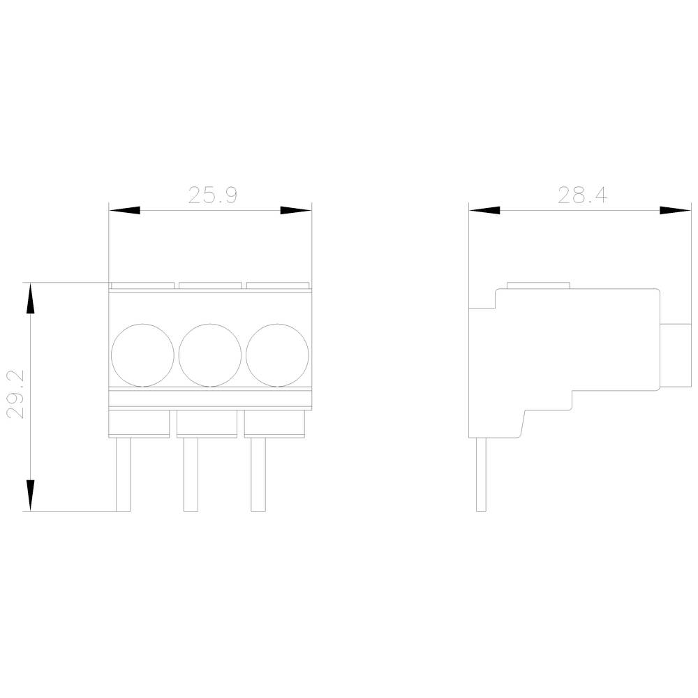 Technische Zeichnung eines Steckverbinders. Links: Vorderansicht mit drei Anschlüssen. Rechts: Seitenansicht mit Maßen 28,4 mm Länge und 29,2 mm Höhe.