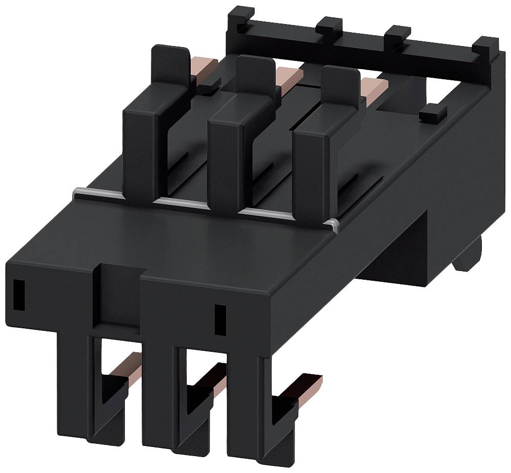 Ein schwarzer elektrischer Steckverbinder mit mehreren Steckplätzen und Kupferkontakten, geeignet für industrielle Anwendungen.
