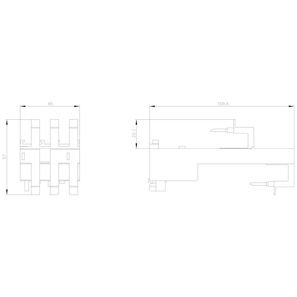 Technische Zeichnung eines Bauteils mit Abmessungen: Breite 45 mm, Höhe 27 mm, Länge 109,4 mm. Enthält Detailansichten.
